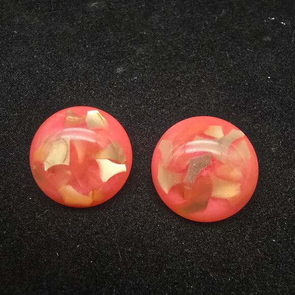 Pink Gold Tone Confetti Lucite Clip On Earrings Vintage Jewelry - Picture 1 of 7